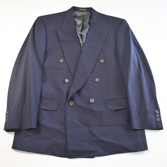 Vtg USA Made 42R Navy Blue Wool Double Breasted Blazer Jacket Sport Coat